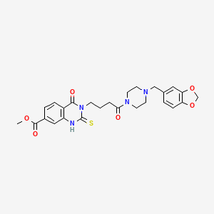 molecular formula C26H28N4O6S B3002456 Methyl 3-(4-(4-(benzo[d][1,3]dioxol-5-ylmethyl)piperazin-1-yl)-4-oxobutyl)-4-oxo-2-thioxo-1,2,3,4-tetrahydroquinazoline-7-carboxylate CAS No. 1114621-12-3