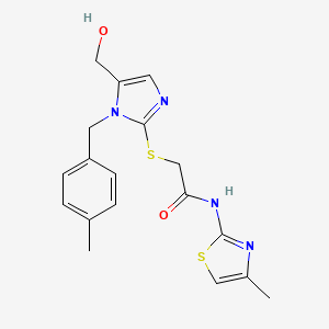 molecular formula C18H20N4O2S2 B3003854 2-((5-(hydroxymethyl)-1-(4-methylbenzyl)-1H-imidazol-2-yl)thio)-N-(4-methylthiazol-2-yl)acetamide CAS No. 899748-00-6