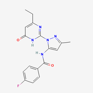 molecular formula C17H16FN5O2 B3004012 N-[1-(4-ethyl-6-oxo-1,6-dihydropyrimidin-2-yl)-3-methyl-1H-pyrazol-5-yl]-4-fluorobenzamide CAS No. 1004389-37-0