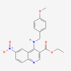 molecular formula C20H19N3O5 B3004454 Ethyl 4-[(4-methoxybenzyl)amino]-6-nitro-3-quinolinecarboxylate CAS No. 478248-28-1