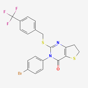 molecular formula C20H14BrF3N2OS2 B3004476 3-(4-bromophenyl)-2-({[4-(trifluoromethyl)phenyl]methyl}sulfanyl)-3H,4H,6H,7H-thieno[3,2-d]pyrimidin-4-one CAS No. 687567-14-2
