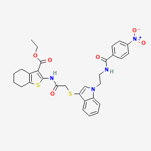 molecular formula C30H30N4O6S2 B3004585 ethyl 2-{2-[(1-{2-[(4-nitrophenyl)formamido]ethyl}-1H-indol-3-yl)sulfanyl]acetamido}-4,5,6,7-tetrahydro-1-benzothiophene-3-carboxylate CAS No. 532973-79-8