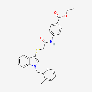 molecular formula C27H26N2O3S B3004694 ethyl 4-[2-({1-[(2-methylphenyl)methyl]-1H-indol-3-yl}sulfanyl)acetamido]benzoate CAS No. 450347-43-0