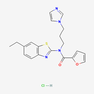 molecular formula C20H21ClN4O2S B3004881 N-(3-(1H-imidazol-1-yl)propyl)-N-(6-ethylbenzo[d]thiazol-2-yl)furan-2-carboxamide hydrochloride CAS No. 1216486-17-7