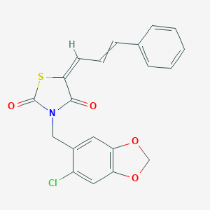 molecular formula C20H14ClNO4S B300496 3-[(6-Chloro-1,3-benzodioxol-5-yl)methyl]-5-(3-phenyl-2-propenylidene)-1,3-thiazolidine-2,4-dione 