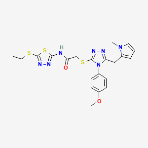 molecular formula C21H23N7O2S3 B3005142 N-(5-(ethylthio)-1,3,4-thiadiazol-2-yl)-2-((4-(4-methoxyphenyl)-5-((1-methyl-1H-pyrrol-2-yl)methyl)-4H-1,2,4-triazol-3-yl)thio)acetamide CAS No. 847393-49-1