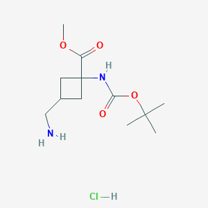 molecular formula C12H23ClN2O4 B3005168 Methyl 3-(aminomethyl)-1-{[(tert-butoxy)carbonyl]amino}cyclobutane-1-carboxylate hydrochloride CAS No. 2193059-01-5