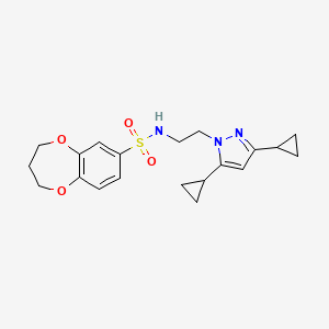 molecular formula C20H25N3O4S B3005175 N-(2-(3,5-dicyclopropyl-1H-pyrazol-1-yl)ethyl)-3,4-dihydro-2H-benzo[b][1,4]dioxepine-7-sulfonamide CAS No. 2309780-54-7