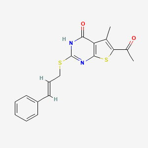 molecular formula C18H16N2O2S2 B3005181 6-acetyl-2-(cinnamylthio)-5-methylthieno[2,3-d]pyrimidin-4(3H)-one CAS No. 881446-04-4