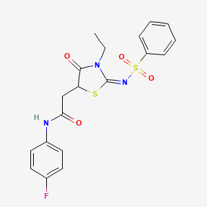 (E)-2-(3-ethyl-4-oxo-2-((phenylsulfonyl)imino)thiazolidin-5-yl)-N-(4-fluorophenyl)acetamide