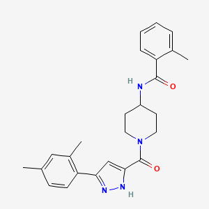 N-(1-(3-(2,4-dimethylphenyl)-1H-pyrazole-5-carbonyl)piperidin-4-yl)-2-methylbenzamide