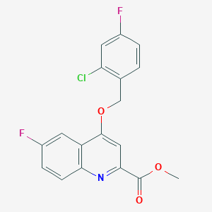molecular formula C18H12ClF2NO3 B3005638 Methyl 4-[(2-chloro-4-fluorophenyl)methoxy]-6-fluoroquinoline-2-carboxylate CAS No. 1359500-28-9