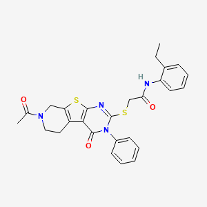 molecular formula C27H26N4O3S2 B3005644 2-[(11-acetyl-3-oxo-4-phenyl-8-thia-4,6,11-triazatricyclo[7.4.0.02,7]trideca-1(9),2(7),5-trien-5-yl)sulfanyl]-N-(2-ethylphenyl)acetamide CAS No. 1185046-06-3