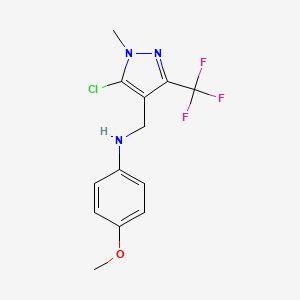 molecular formula C13H13ClF3N3O B3005672 N-{[5-chloro-1-methyl-3-(trifluoromethyl)-1H-pyrazol-4-yl]methyl}-4-methoxyaniline CAS No. 955965-30-7