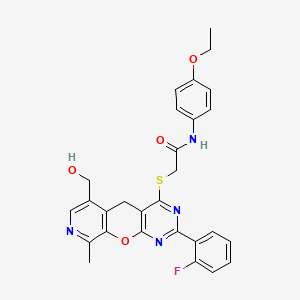 molecular formula C28H25FN4O4S B3005733 N-(4-ethoxyphenyl)-2-[[5-(2-fluorophenyl)-11-(hydroxymethyl)-14-methyl-2-oxa-4,6,13-triazatricyclo[8.4.0.03,8]tetradeca-1(10),3(8),4,6,11,13-hexaen-7-yl]sulfanyl]acetamide CAS No. 892386-30-0
