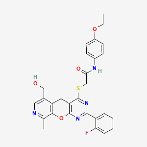 molecular formula C28H25FN4O4S B3005733 N-(4-ethoxyphenyl)-2-((2-(2-fluorophenyl)-6-(hydroxymethyl)-9-methyl-5H-pyrido[4',3':5,6]pyrano[2,3-d]pyrimidin-4-yl)thio)acetamide CAS No. 892386-30-0