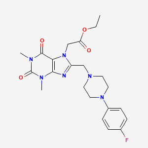 molecular formula C22H27FN6O4 B3005794 ethyl 2-(8-{[4-(4-fluorophenyl)piperazin-1-yl]methyl}-1,3-dimethyl-2,6-dioxo-2,3,6,7-tetrahydro-1H-purin-7-yl)acetate CAS No. 851940-57-3