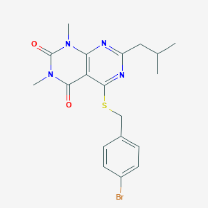 molecular formula C19H21BrN4O2S B3005927 5-((4-bromobenzyl)thio)-7-isobutyl-1,3-dimethylpyrimido[4,5-d]pyrimidine-2,4(1H,3H)-dione CAS No. 893904-08-0