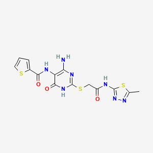 molecular formula C14H13N7O3S3 B3006026 N-(4-amino-2-((2-((5-methyl-1,3,4-thiadiazol-2-yl)amino)-2-oxoethyl)thio)-6-oxo-1,6-dihydropyrimidin-5-yl)thiophene-2-carboxamide CAS No. 868225-79-0