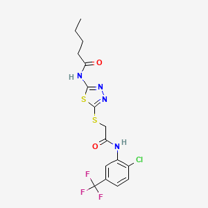 molecular formula C16H16ClF3N4O2S2 B3006218 N-{5-[({[2-chloro-5-(trifluoromethyl)phenyl]carbamoyl}methyl)sulfanyl]-1,3,4-thiadiazol-2-yl}pentanamide CAS No. 392298-88-3