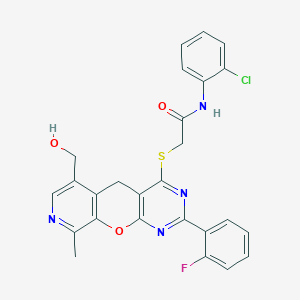 molecular formula C26H20ClFN4O3S B3006225 N-(2-chlorophenyl)-2-[[5-(2-fluorophenyl)-11-(hydroxymethyl)-14-methyl-2-oxa-4,6,13-triazatricyclo[8.4.0.03,8]tetradeca-1(10),3(8),4,6,11,13-hexaen-7-yl]sulfanyl]acetamide CAS No. 892386-26-4