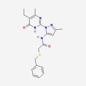 molecular formula C20H23N5O2S B3006339 2-(benzylthio)-N-(1-(5-ethyl-4-methyl-6-oxo-1,6-dihydropyrimidin-2-yl)-3-methyl-1H-pyrazol-5-yl)acetamide CAS No. 1003798-81-9