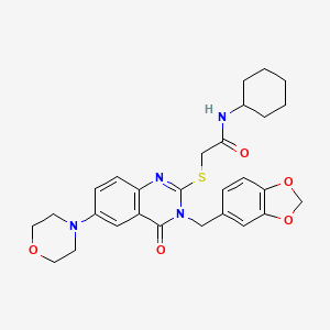 molecular formula C28H32N4O5S B3006358 2-({3-[(2H-1,3-benzodioxol-5-yl)methyl]-6-(morpholin-4-yl)-4-oxo-3,4-dihydroquinazolin-2-yl}sulfanyl)-N-cyclohexylacetamide CAS No. 689772-40-5
