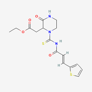 molecular formula C16H19N3O4S2 B3006426 (E)-乙基 2-(3-氧代-1-((3-(噻吩-2-基)丙烯酰)氨基羰基硫代)哌嗪-2-基)乙酸酯 CAS No. 1008036-18-7