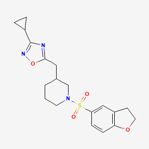 molecular formula C19H23N3O4S B3006431 3-Cyclopropyl-5-((1-((2,3-dihydrobenzofuran-5-yl)sulfonyl)piperidin-3-yl)methyl)-1,2,4-oxadiazole CAS No. 1705877-05-9