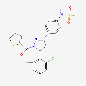 molecular formula C21H17ClFN3O3S2 B3006548 N-(4-(5-(2-chloro-6-fluorophenyl)-1-(thiophene-2-carbonyl)-4,5-dihydro-1H-pyrazol-3-yl)phenyl)methanesulfonamide 