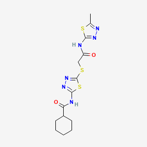 molecular formula C14H18N6O2S3 B3006967 N-[5-({[(5-methyl-1,3,4-thiadiazol-2-yl)carbamoyl]methyl}sulfanyl)-1,3,4-thiadiazol-2-yl]cyclohexanecarboxamide CAS No. 392318-98-8