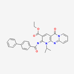 molecular formula C30H26N4O4 B3007878 ethyl 2-oxo-6-(4-phenylbenzoyl)imino-7-propan-2-yl-1,7,9-triazatricyclo[8.4.0.03,8]tetradeca-3(8),4,9,11,13-pentaene-5-carboxylate CAS No. 534567-21-0
