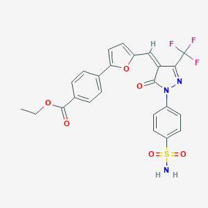 molecular formula C24H18F3N3O6S B300817 ETHYL 4-(5-{[(4Z)-5-OXO-1-(4-SULFAMOYLPHENYL)-3-(TRIFLUOROMETHYL)-4,5-DIHYDRO-1H-PYRAZOL-4-YLIDENE]METHYL}FURAN-2-YL)BENZOATE 
