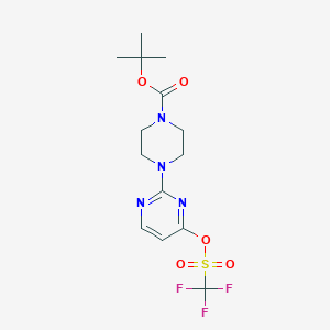 molecular formula C14H19F3N4O5S B3008385 Tert-butyl 4-[4-(trifluoromethylsulfonyloxy)pyrimidin-2-yl]piperazine-1-carboxylate CAS No. 2378501-21-2