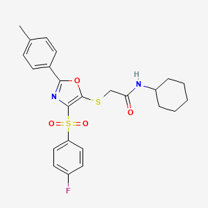 molecular formula C24H25FN2O4S2 B3008692 N-cyclohexyl-2-((4-((4-fluorophenyl)sulfonyl)-2-(p-tolyl)oxazol-5-yl)thio)acetamide CAS No. 850926-65-7