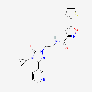molecular formula C20H18N6O3S B3008823 N-{2-[4-cyclopropyl-5-oxo-3-(pyridin-3-yl)-4,5-dihydro-1H-1,2,4-triazol-1-yl]ethyl}-5-(thiophen-2-yl)-1,2-oxazole-3-carboxamide CAS No. 1798541-38-4