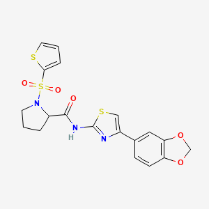 molecular formula C19H17N3O5S3 B3008869 N-(4-(benzo[d][1,3]dioxol-5-yl)thiazol-2-yl)-1-(thiophen-2-ylsulfonyl)pyrrolidine-2-carboxamide CAS No. 1097638-12-4