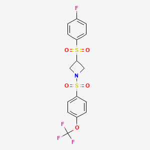 molecular formula C16H13F4NO5S2 B3009056 3-((4-Fluorophenyl)sulfonyl)-1-((4-(trifluoromethoxy)phenyl)sulfonyl)azetidine CAS No. 1797263-92-3