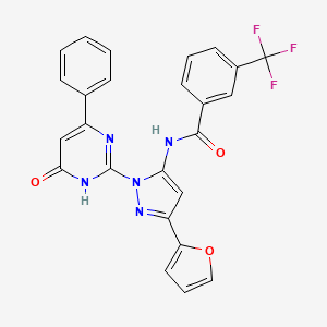 molecular formula C25H16F3N5O3 B3009219 N-(3-(furan-2-yl)-1-(6-oxo-4-phenyl-1,6-dihydropyrimidin-2-yl)-1H-pyrazol-5-yl)-3-(trifluoromethyl)benzamide CAS No. 1206996-22-6