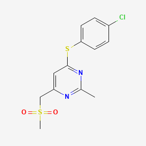 molecular formula C13H13ClN2O2S2 B3009357 4-(4-Chlorophenyl)sulfanyl-2-methyl-6-(methylsulfonylmethyl)pyrimidine CAS No. 338967-62-7