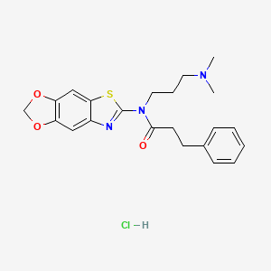 molecular formula C22H26ClN3O3S B3009459 N-[3-(dimethylamino)propyl]-N-([1,3]dioxolo[4,5-f][1,3]benzothiazol-6-yl)-3-phenylpropanamide;hydrochloride CAS No. 1216901-88-0