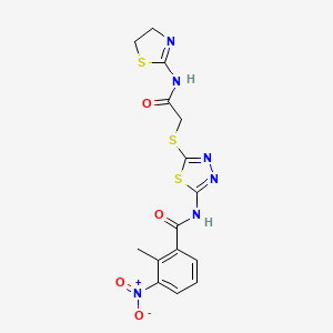 molecular formula C15H14N6O4S3 B3010098 N-(5-((2-((4,5-dihydrothiazol-2-yl)amino)-2-oxoethyl)thio)-1,3,4-thiadiazol-2-yl)-2-methyl-3-nitrobenzamide CAS No. 393567-79-8
