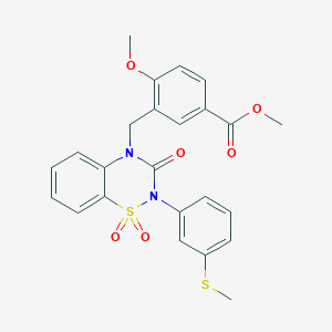 molecular formula C24H22N2O6S2 B3010107 methyl 4-methoxy-3-((2-(3-(methylthio)phenyl)-1,1-dioxido-3-oxo-2H-benzo[e][1,2,4]thiadiazin-4(3H)-yl)methyl)benzoate CAS No. 941899-54-3