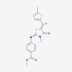 molecular formula C18H16N2O3S2 B301025 Methyl 4-({3-methyl-5-[(5-methyl-2-thienyl)methylene]-4-oxo-1,3-thiazolidin-2-ylidene}amino)benzoate 