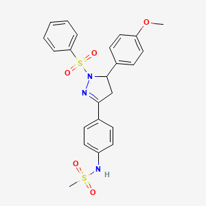 molecular formula C23H23N3O5S2 B3010256 N-[4-[2-(benzenesulfonyl)-3-(4-methoxyphenyl)-3,4-dihydropyrazol-5-yl]phenyl]methanesulfonamide CAS No. 851780-89-7