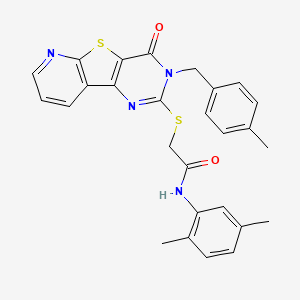 molecular formula C27H24N4O2S2 B3010296 N-(2,5-dimethylphenyl)-2-[[5-[(4-methylphenyl)methyl]-6-oxo-8-thia-3,5,10-triazatricyclo[7.4.0.02,7]trideca-1(9),2(7),3,10,12-pentaen-4-yl]sulfanyl]acetamide CAS No. 1223784-42-6