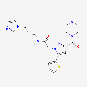 molecular formula C21H27N7O2S B3010741 N-(3-(1H-imidazol-1-yl)propyl)-2-(3-(4-methylpiperazine-1-carbonyl)-5-(thiophen-2-yl)-1H-pyrazol-1-yl)acetamide CAS No. 1170045-50-7