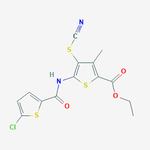 molecular formula C14H11ClN2O3S3 B3010887 Ethyl 5-(5-chlorothiophene-2-carboxamido)-3-methyl-4-thiocyanatothiophene-2-carboxylate CAS No. 681159-95-5