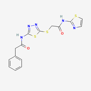 molecular formula C15H13N5O2S3 B3011006 N-(5-((2-oxo-2-(thiazol-2-ylamino)ethyl)thio)-1,3,4-thiadiazol-2-yl)-2-phenylacetamide CAS No. 389072-80-4