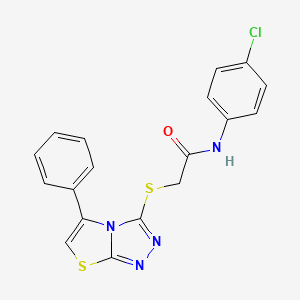 molecular formula C18H13ClN4OS2 B3011023 N-(4-CHLOROPHENYL)-2-({5-PHENYL-[1,2,4]TRIAZOLO[3,4-B][1,3]THIAZOL-3-YL}SULFANYL)ACETAMIDE CAS No. 671199-68-1